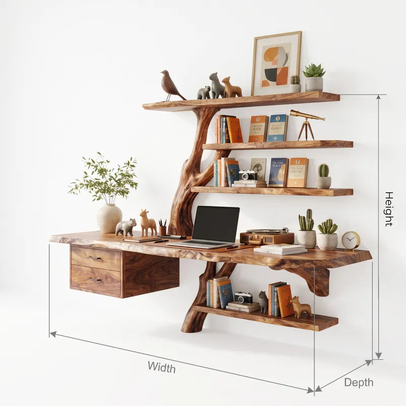 Floating Live Edge Desk With Tree Branch Wall Shelf & Dual Drawers
