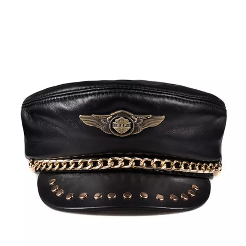 Golden Shield Black Genuine Leather Sailor Cap
