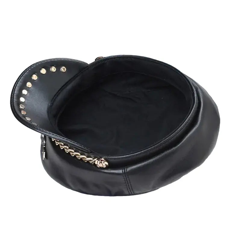 Golden Shield Black Genuine Leather Sailor Cap