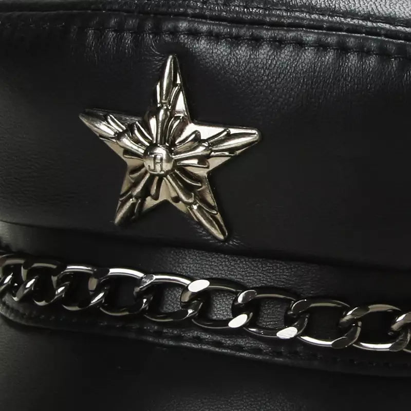 Golden Star Black Genuine Leather Sailor Cap
