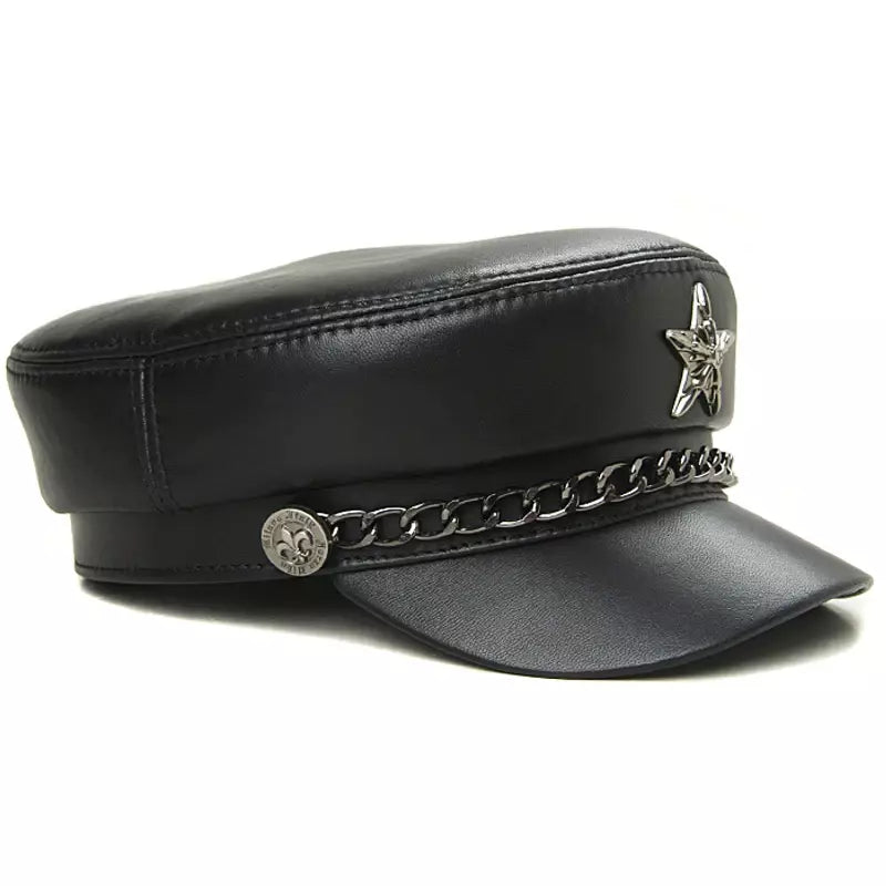Golden Star Black Genuine Leather Sailor Cap