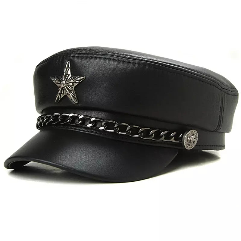 Golden Star Black Genuine Leather Sailor Cap