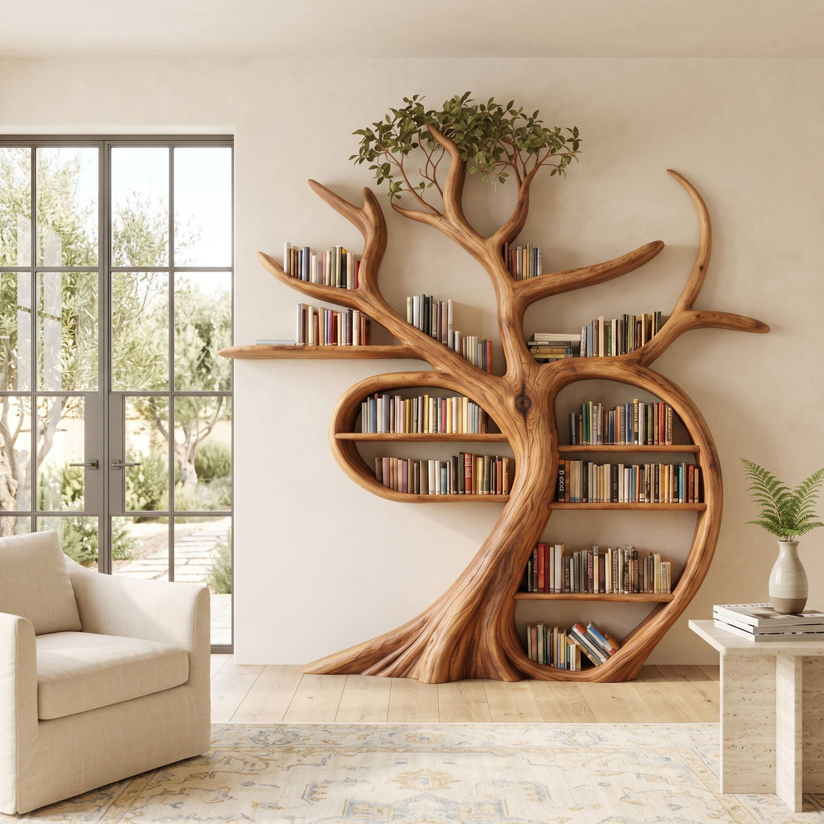 Hand-Carved Solid Wood Tree Bookshelf