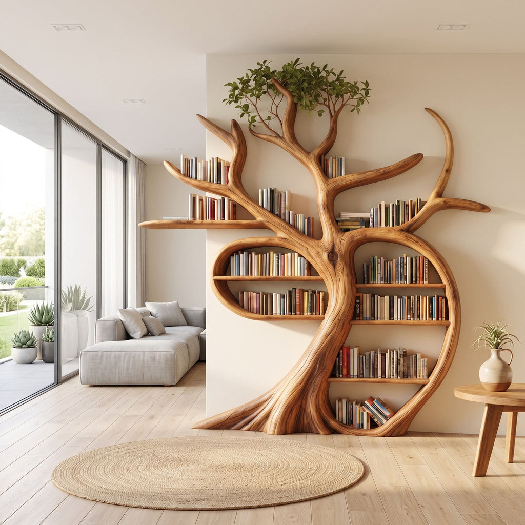 Hand-Carved Solid Wood Tree Bookshelf