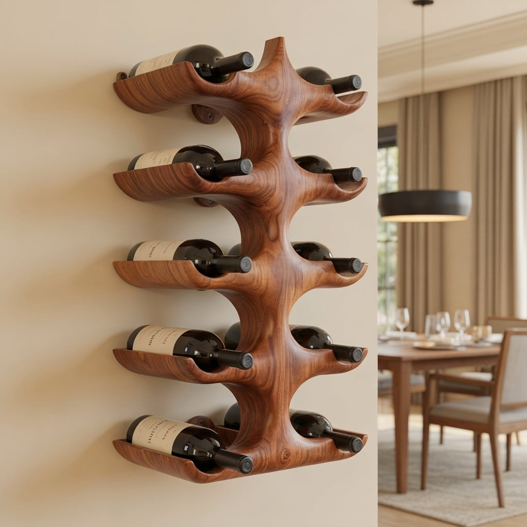 Hand Carved Sculptural Solid Wood Wall Mounted Wine Rack Organic Minimalist Bottle Display