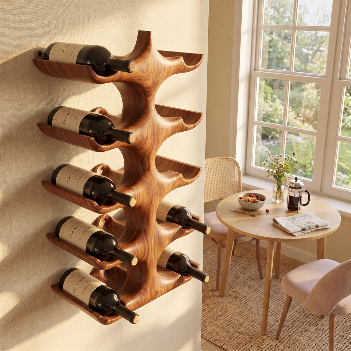 Hand Carved Sculptural Solid Wood Wall Mounted Wine Rack Organic Minimalist Bottle Display