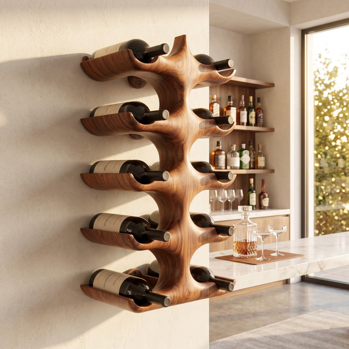 Hand Carved Sculptural Solid Wood Wall Mounted Wine Rack Organic Minimalist Bottle Display