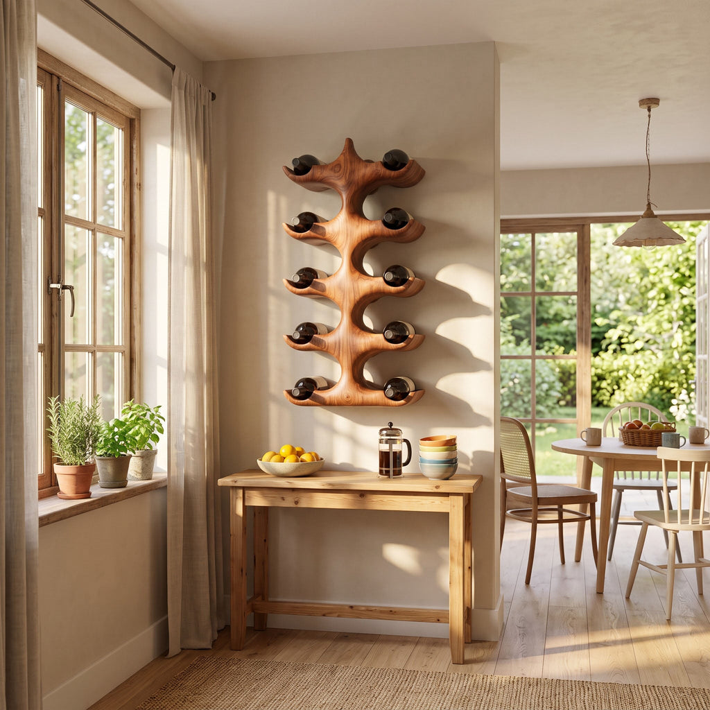 Hand Carved Sculptural Solid Wood Wall Mounted Wine Rack Organic Minimalist Bottle Display