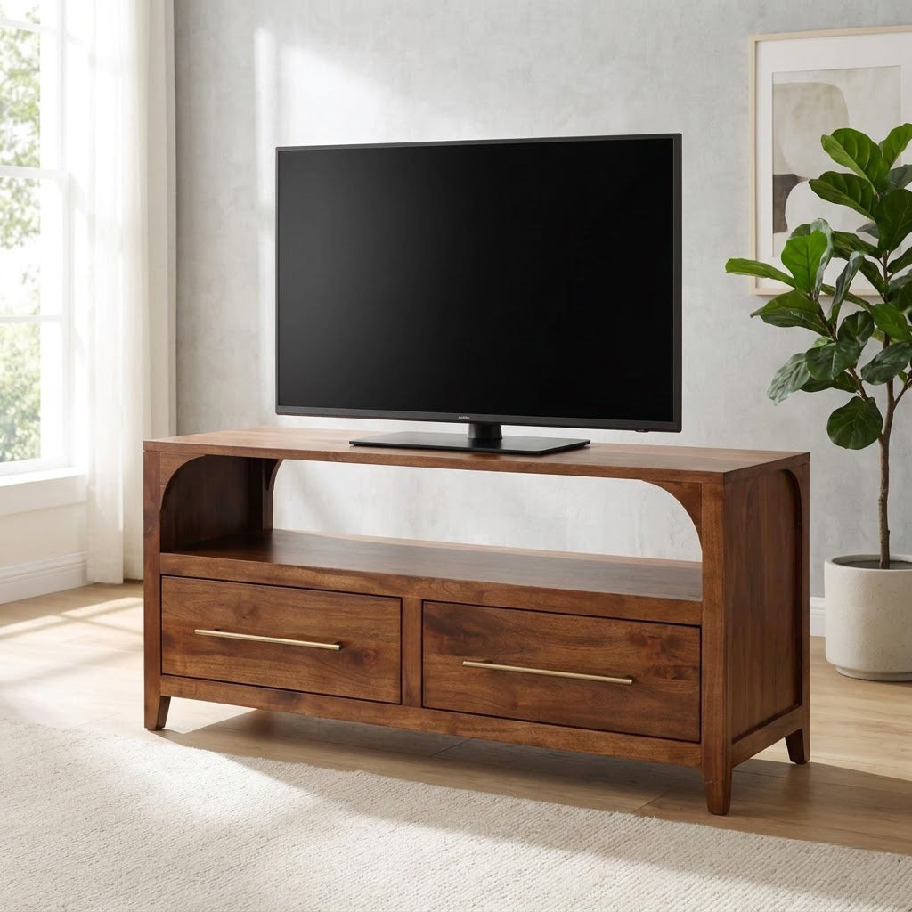 Handcrafted Arched Solid Wood TV Stand & 2-Drawer Media Entertainment Console