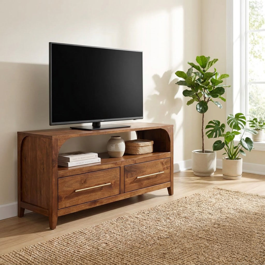 Handcrafted Arched Solid Wood TV Stand & 2-Drawer Media Entertainment Console