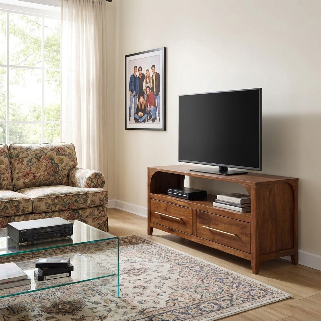 Handcrafted Arched Solid Wood TV Stand & 2-Drawer Media Entertainment Console