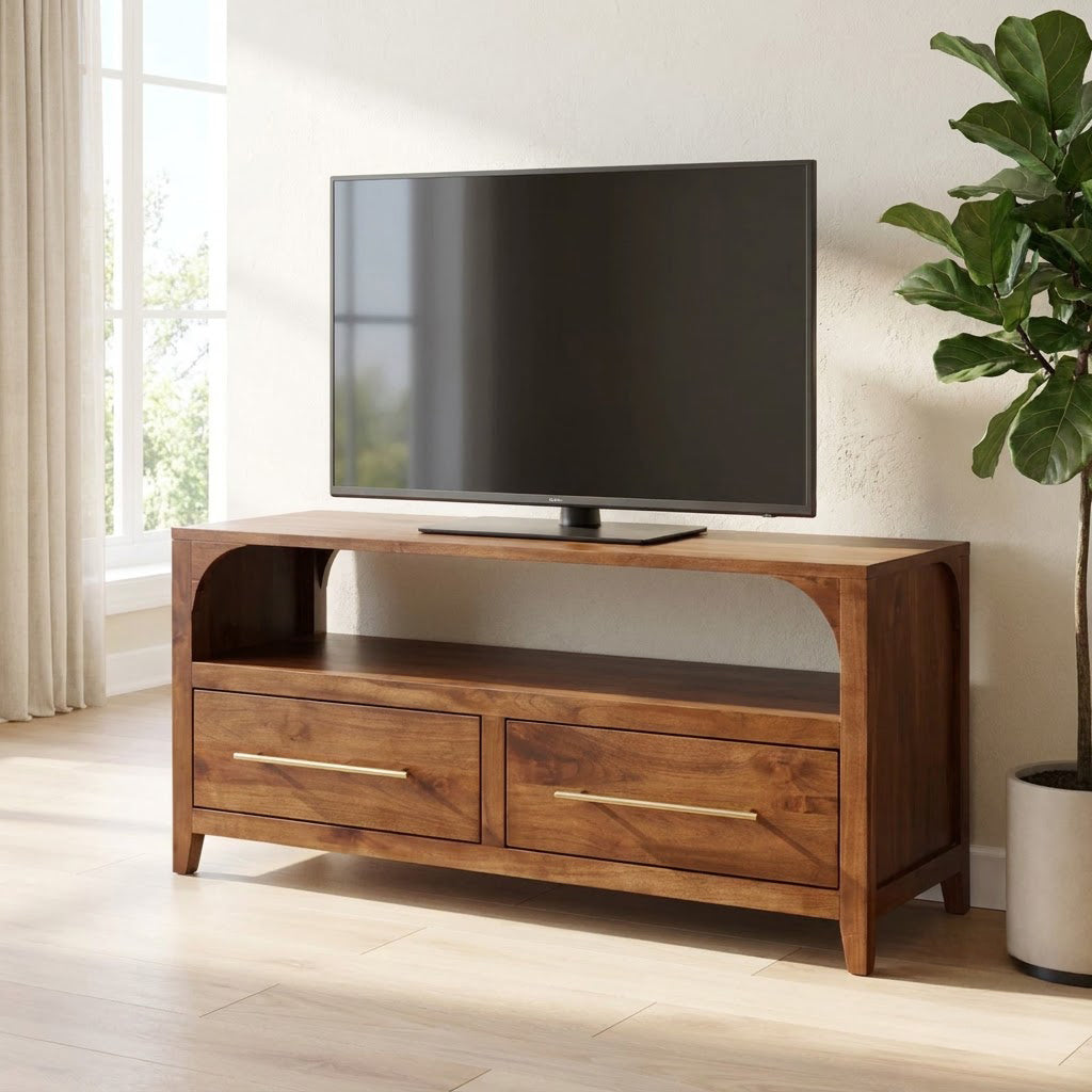 Handcrafted Arched Solid Wood TV Stand & 2-Drawer Media Entertainment Console