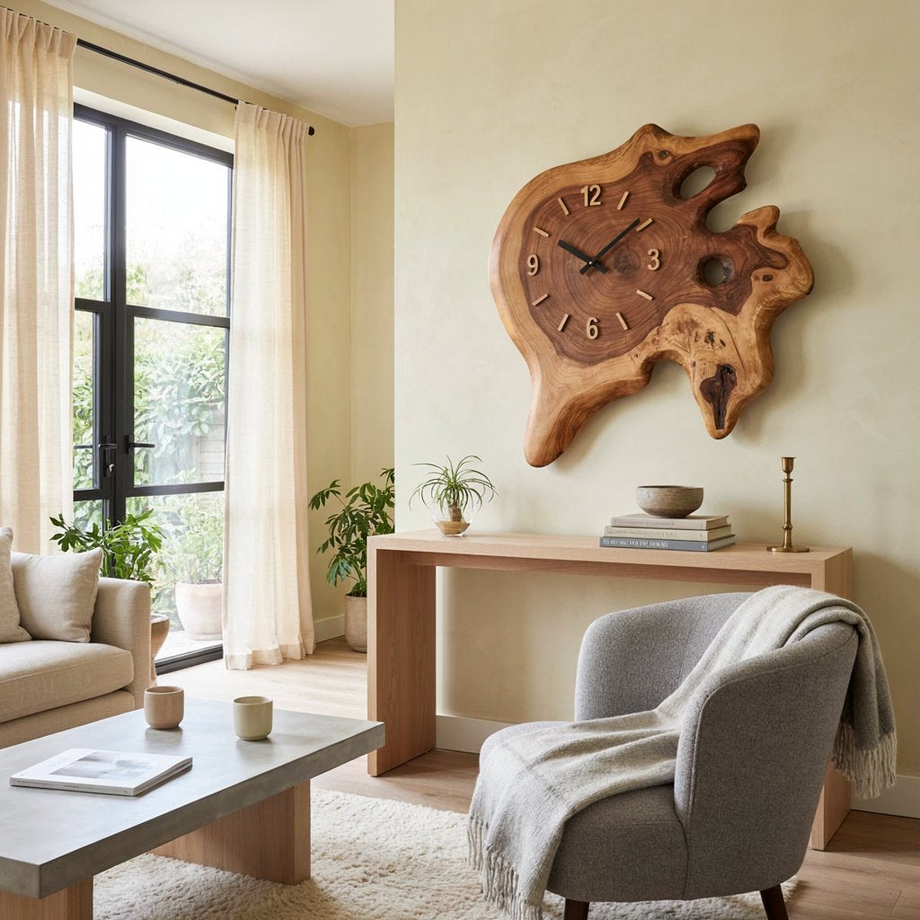 Handcrafted Live-Edge Solid Wood Burl Cross-Section Wall Clock With Natural Voids & Silent Quartz Movement