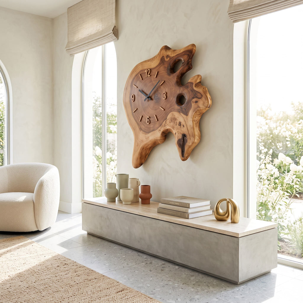 Handcrafted Live-Edge Solid Wood Burl Cross-Section Wall Clock With Natural Voids & Silent Quartz Movement