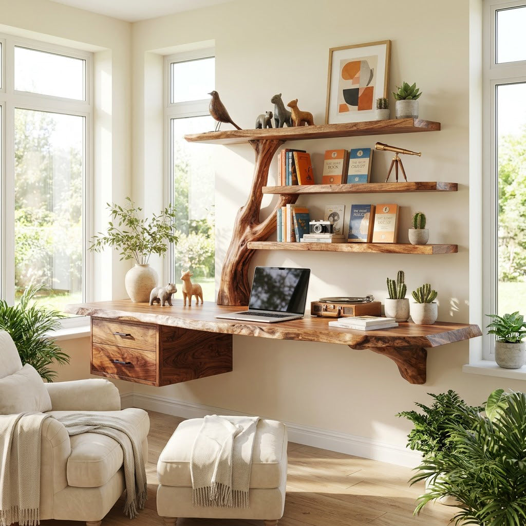 Floating Live Edge Desk With Tree Branch Wall Shelf & Dual Drawers