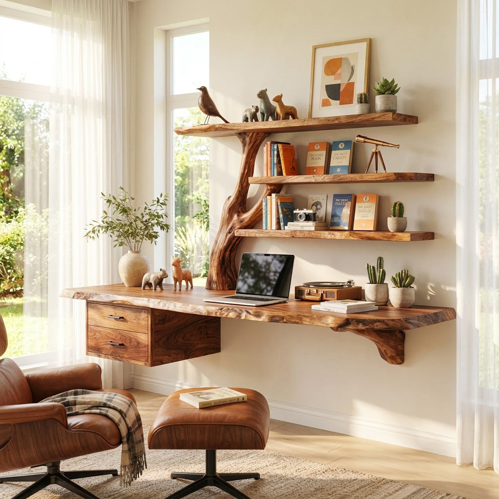 Floating Live Edge Desk With Tree Branch Wall Shelf & Dual Drawers
