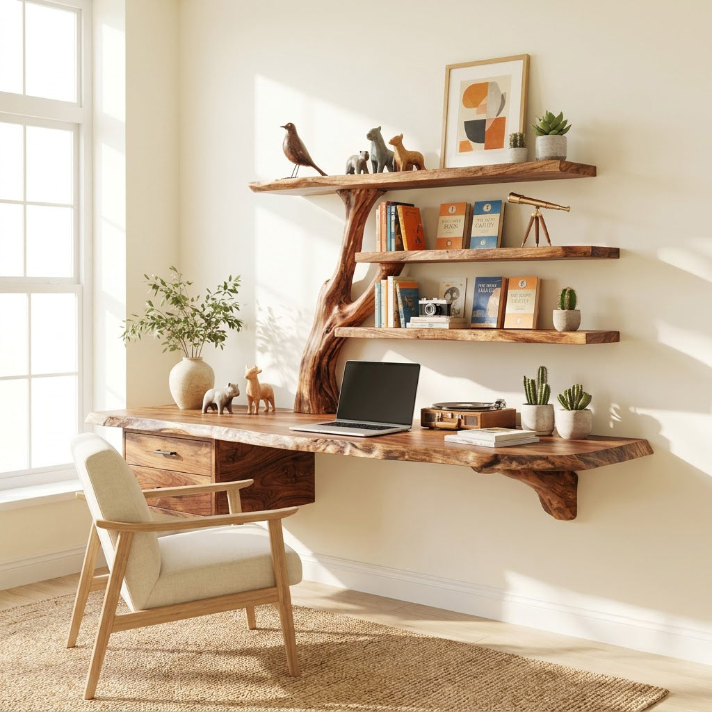 Floating Live Edge Desk With Tree Branch Wall Shelf & Dual Drawers