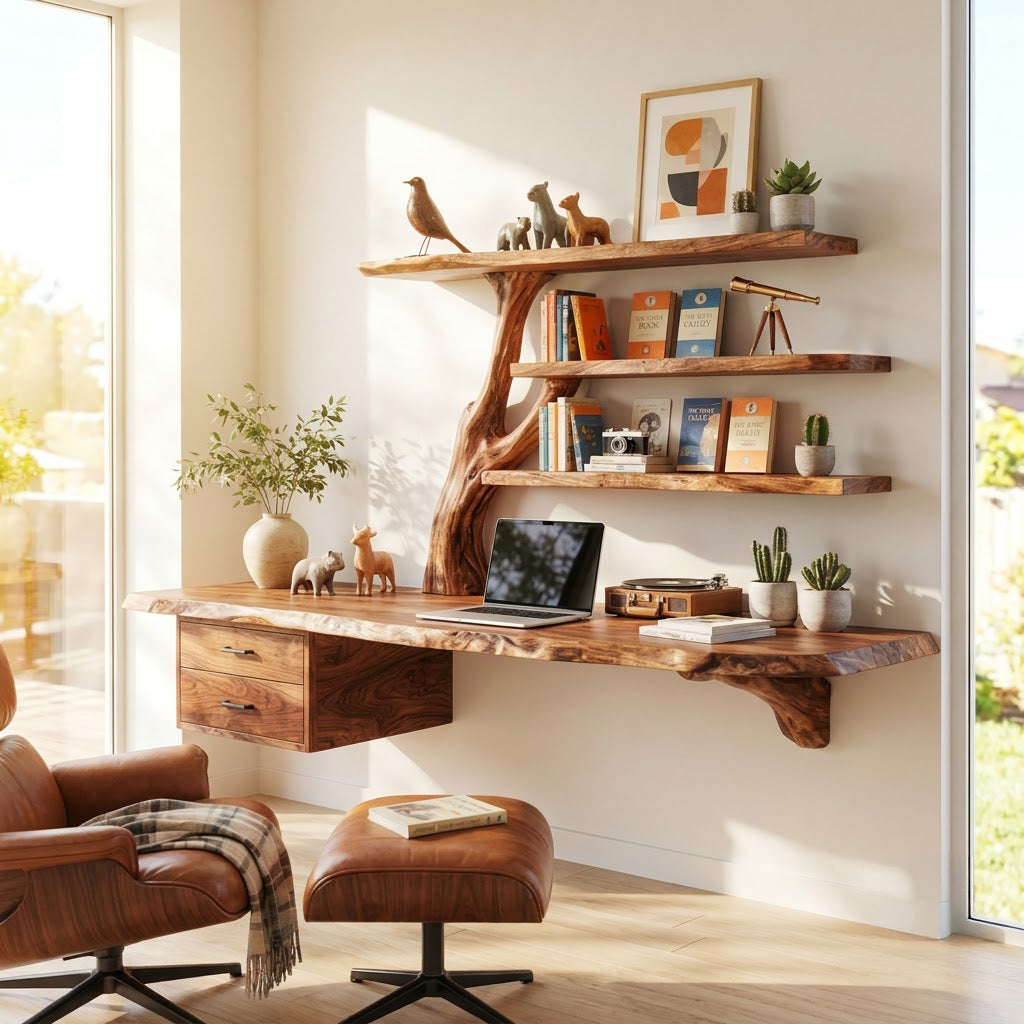 Floating Live Edge Desk With Tree Branch Wall Shelf & Dual Drawers