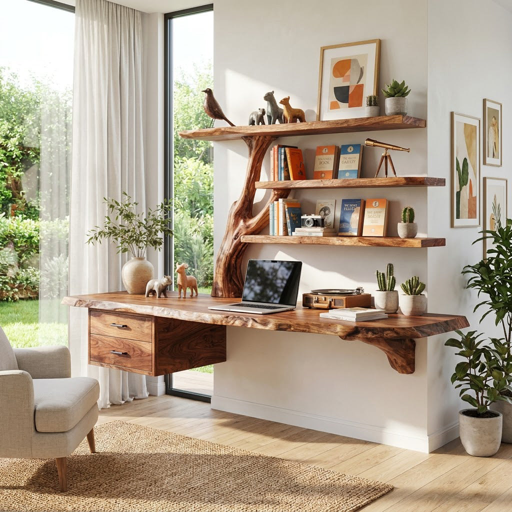 Floating Live Edge Desk With Tree Branch Wall Shelf & Dual Drawers