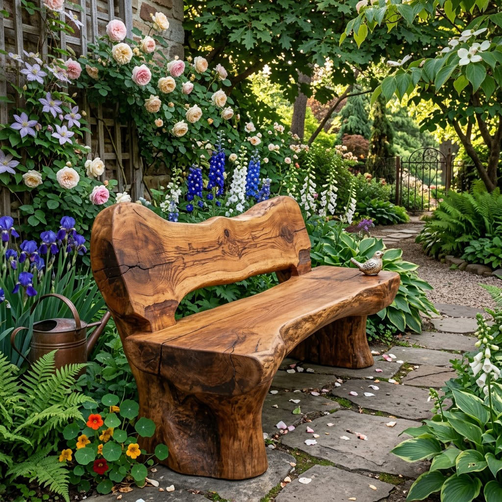 Handcrafted Live Edge Solid Wood Garden Bench