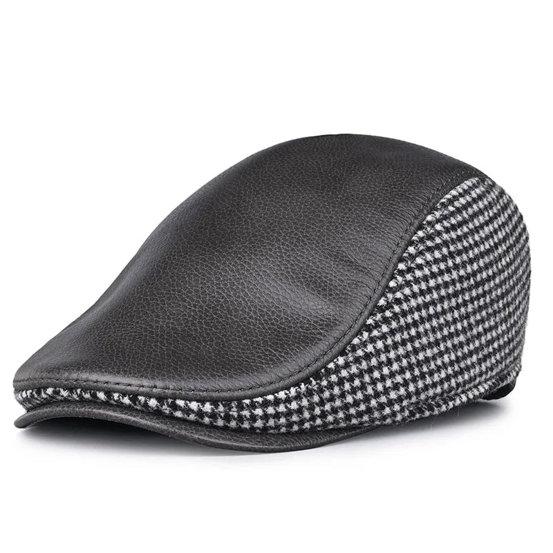 JM Houndstooth Genuine Leather Duckbill Flat Cap