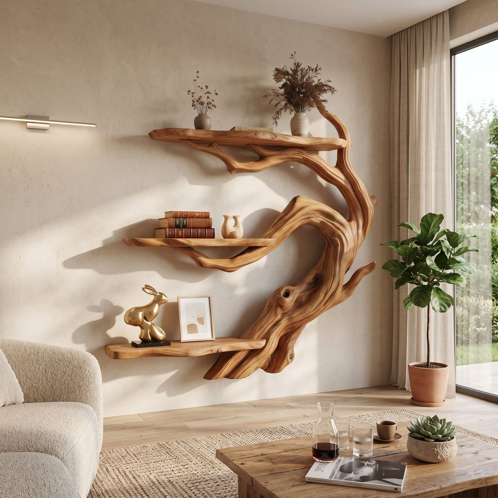 Japandi Live-Edge Bonsai Branch Wall Shelf