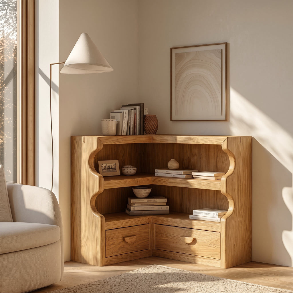 Japandi Scalloped Solid Wood Corner Bookshelf