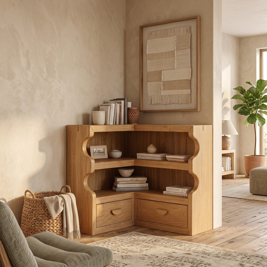 Japandi Scalloped Solid Wood Corner Bookshelf