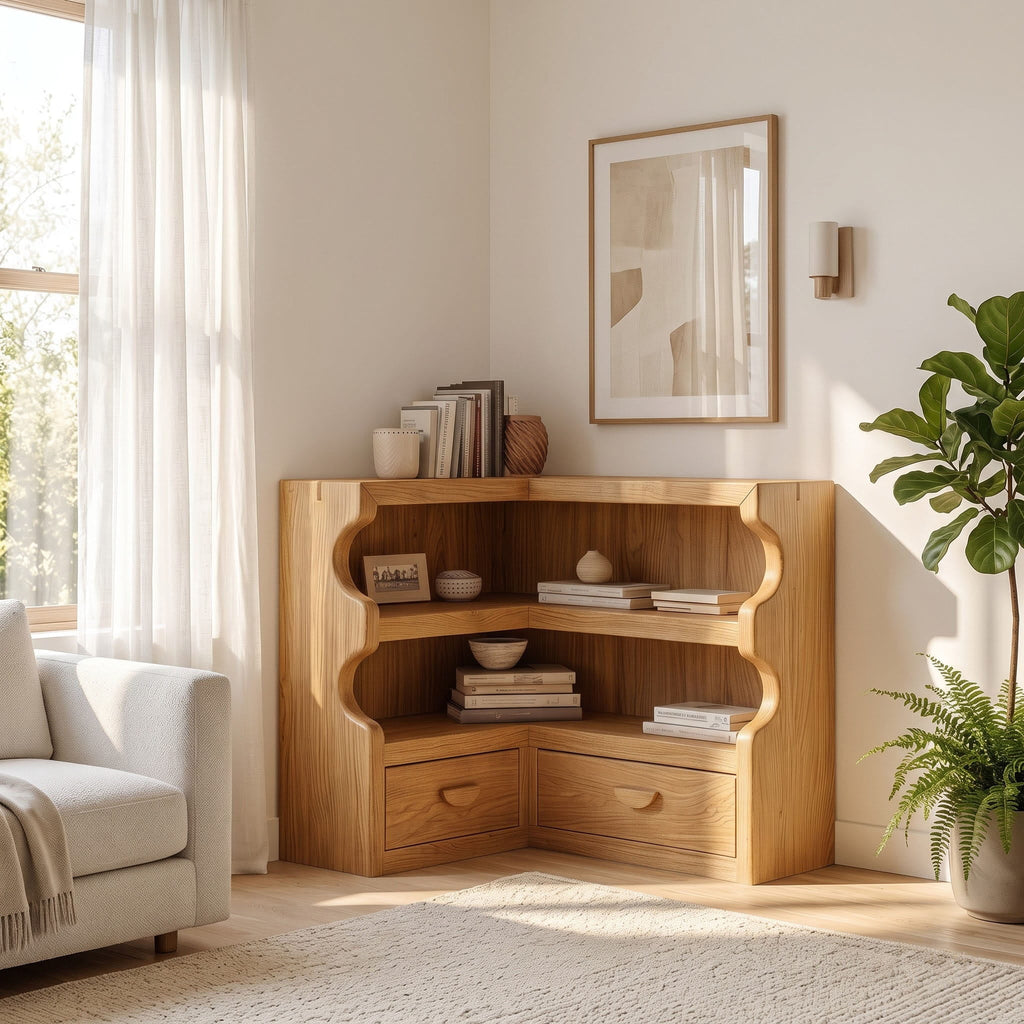 Japandi Scalloped Solid Wood Corner Bookshelf