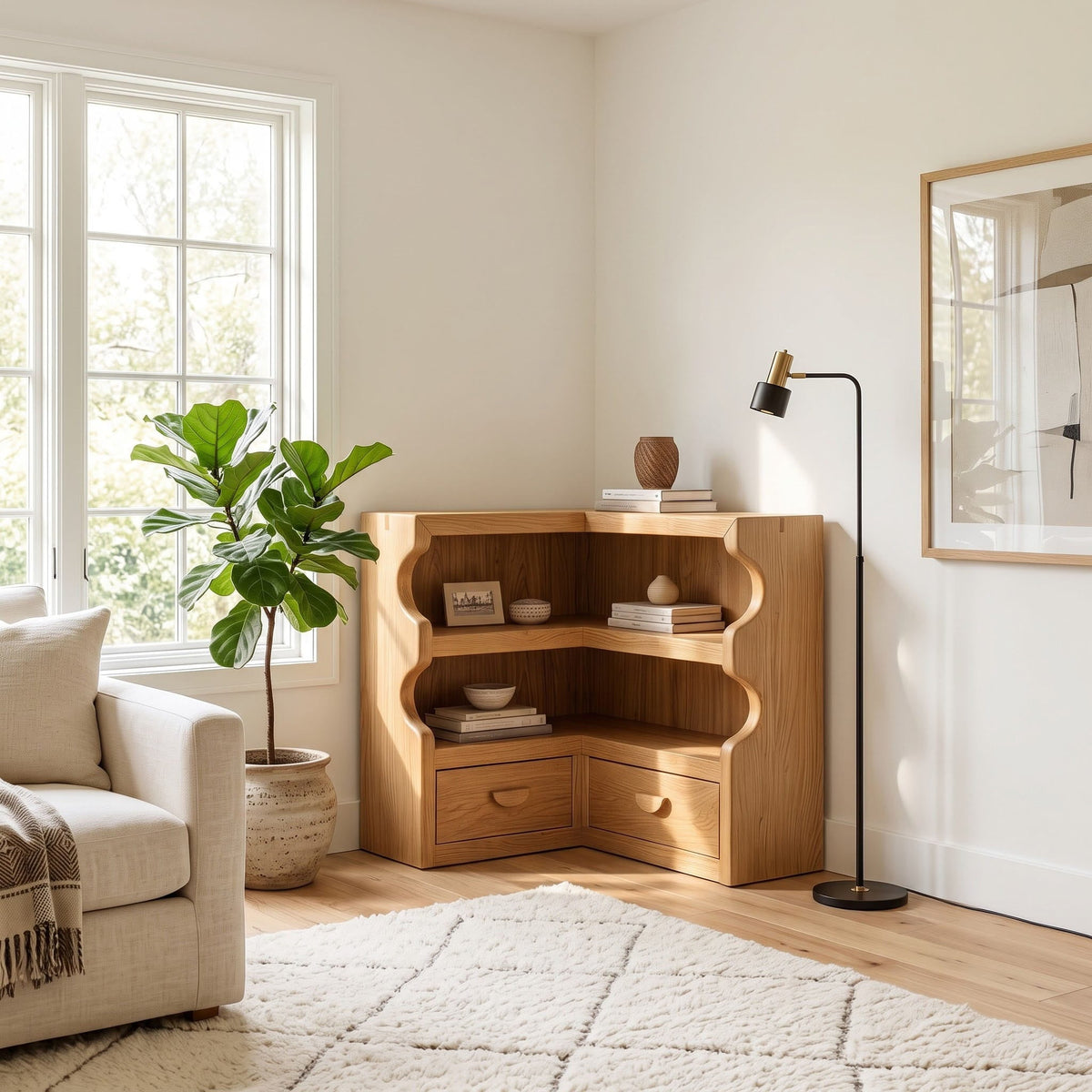 Japandi Scalloped Solid Wood Corner Bookshelf