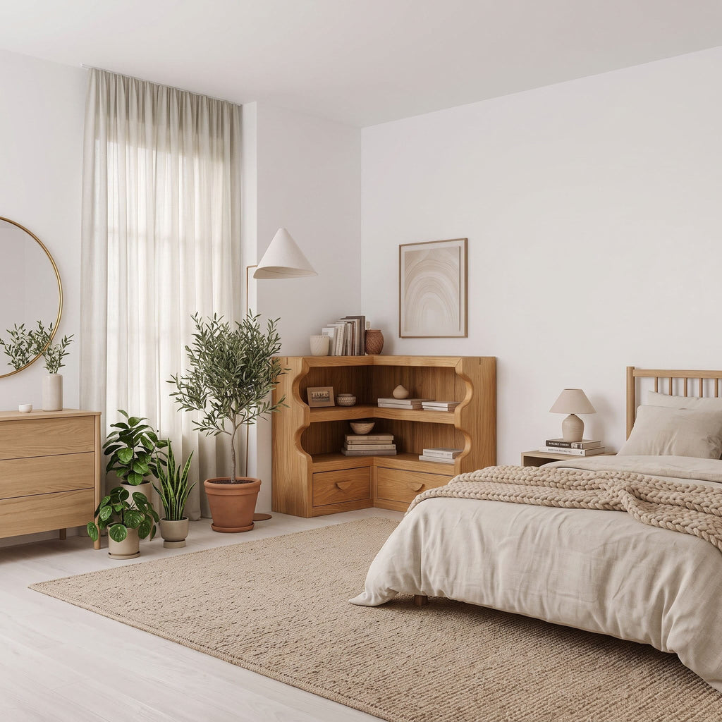 Japandi Scalloped Solid Wood Corner Bookshelf
