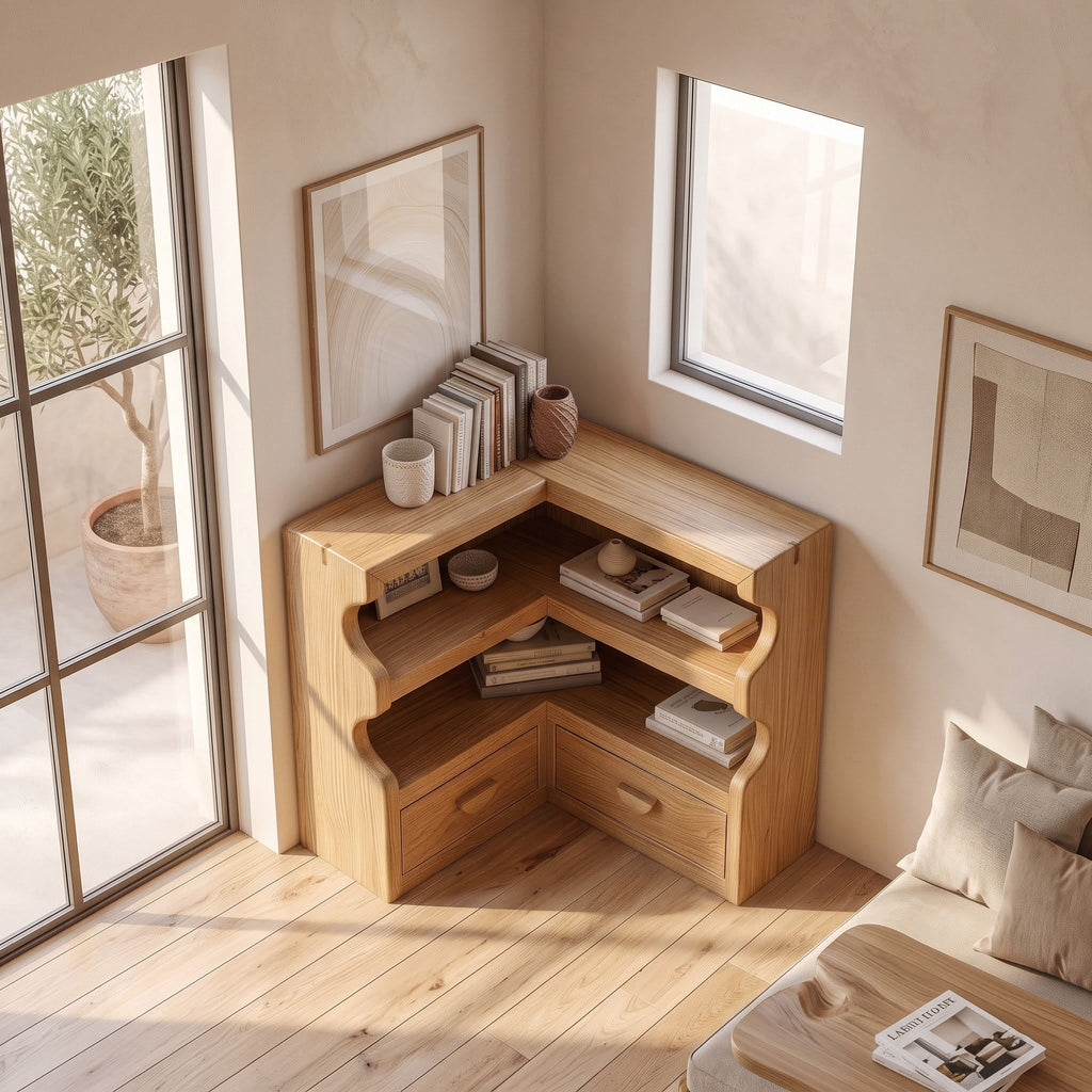 Japandi Scalloped Solid Wood Corner Bookshelf