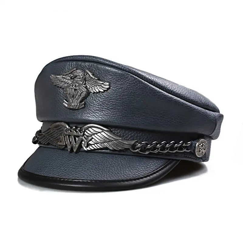LWY Blue Genuine Leather Military Sailor Cap