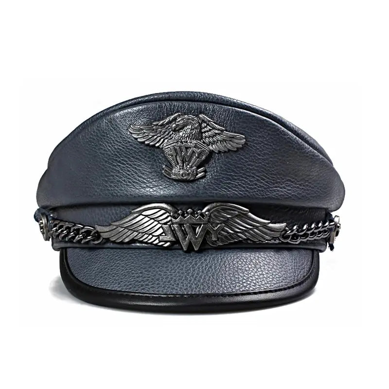 LWY Blue Genuine Leather Military Sailor Cap