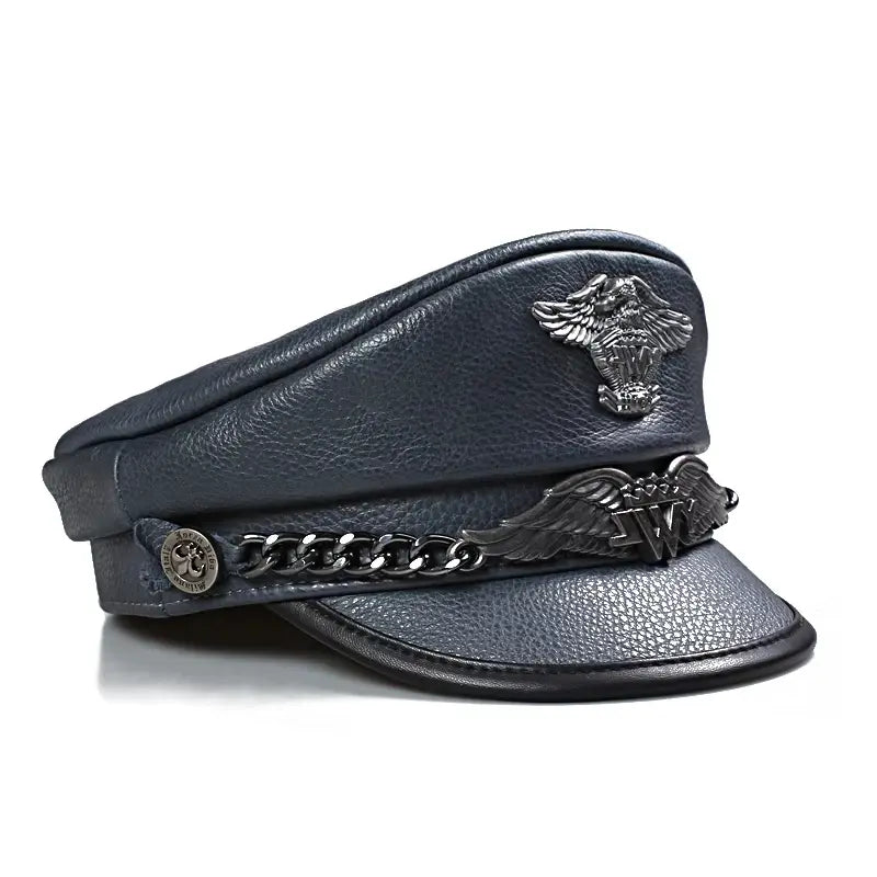 LWY Blue Genuine Leather Military Sailor Cap