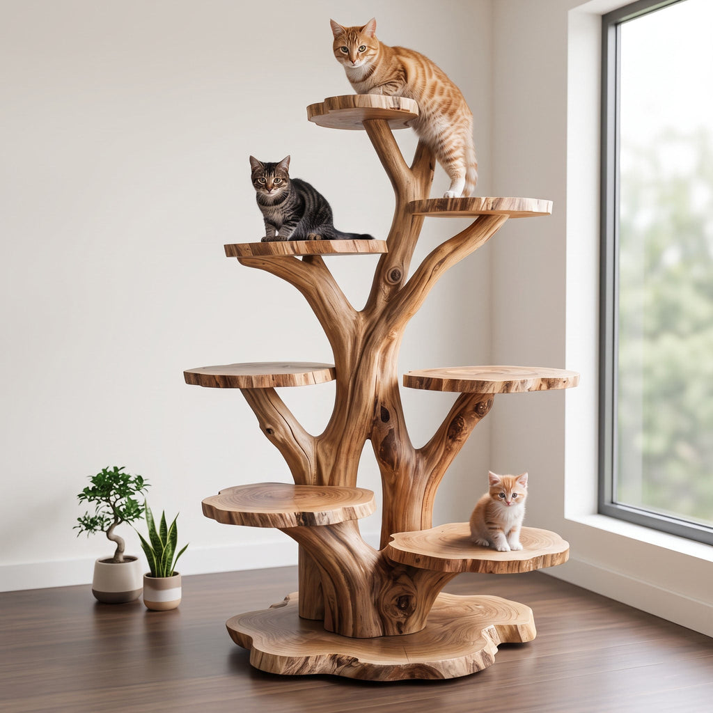 Live Edge Slice Tiered Solid Wood Cat Tree Freestanding Multi Level Perch