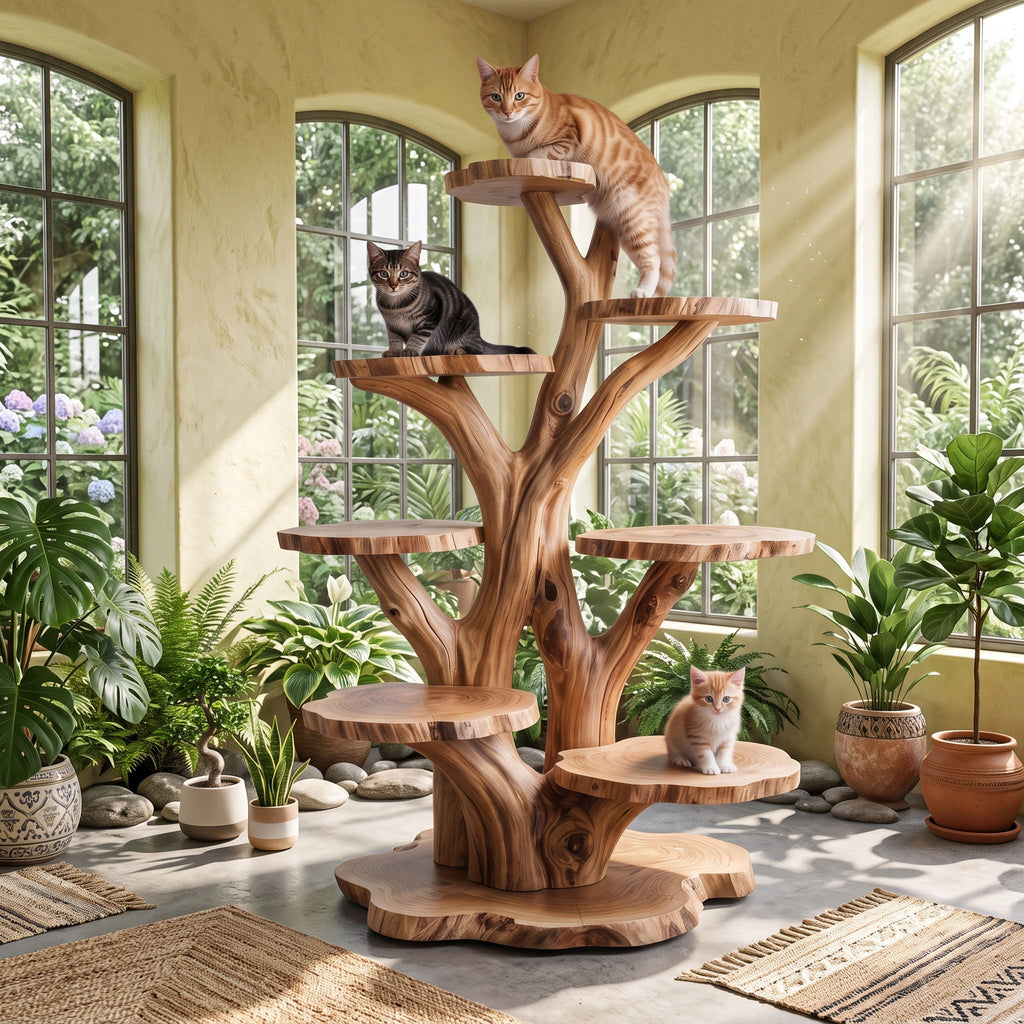 Live Edge Slice Tiered Solid Wood Cat Tree Freestanding Multi Level Perch