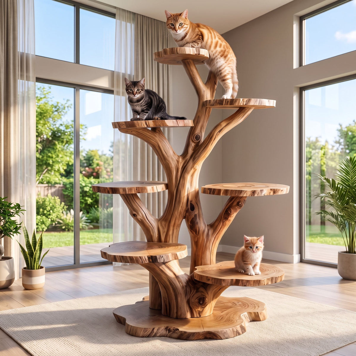 Live Edge Slice Tiered Solid Wood Cat Tree Freestanding Multi Level Perch