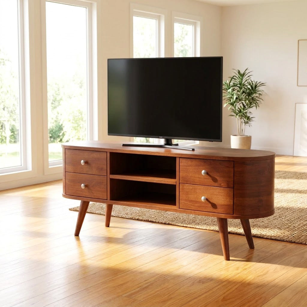Mid-Century Handcrafted Curved Solid Wood TV Stand & Oval Media Entertainment Console