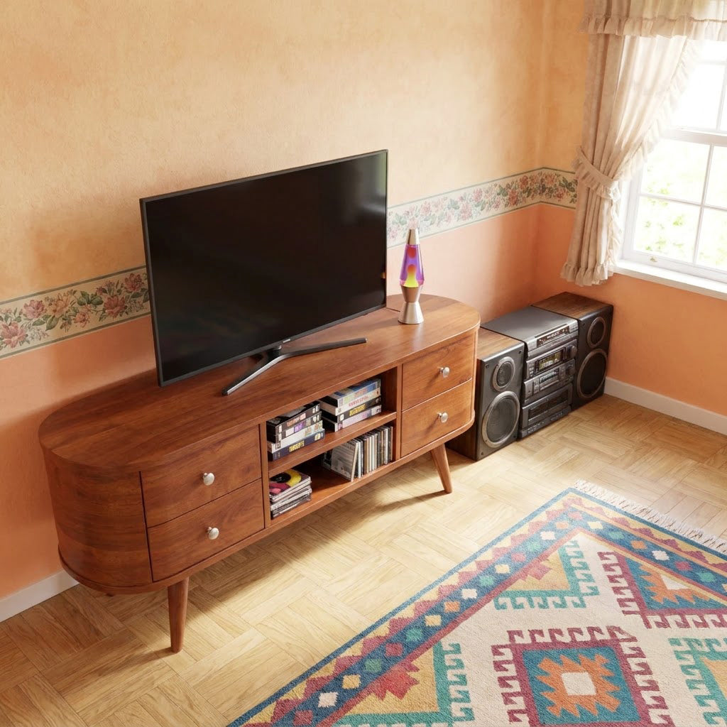 Mid-Century Handcrafted Curved Solid Wood TV Stand & Oval Media Entertainment Console