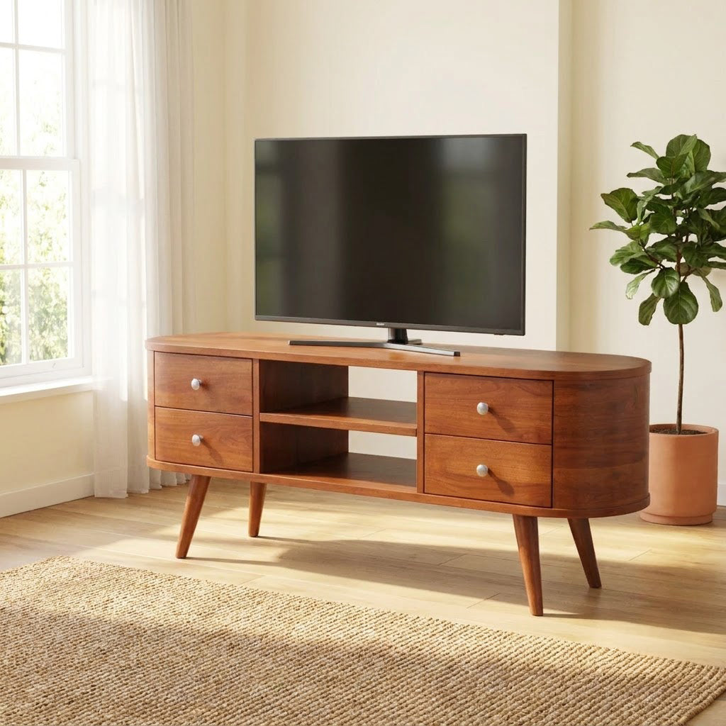 Mid-Century Handcrafted Curved Solid Wood TV Stand & Oval Media Entertainment Console
