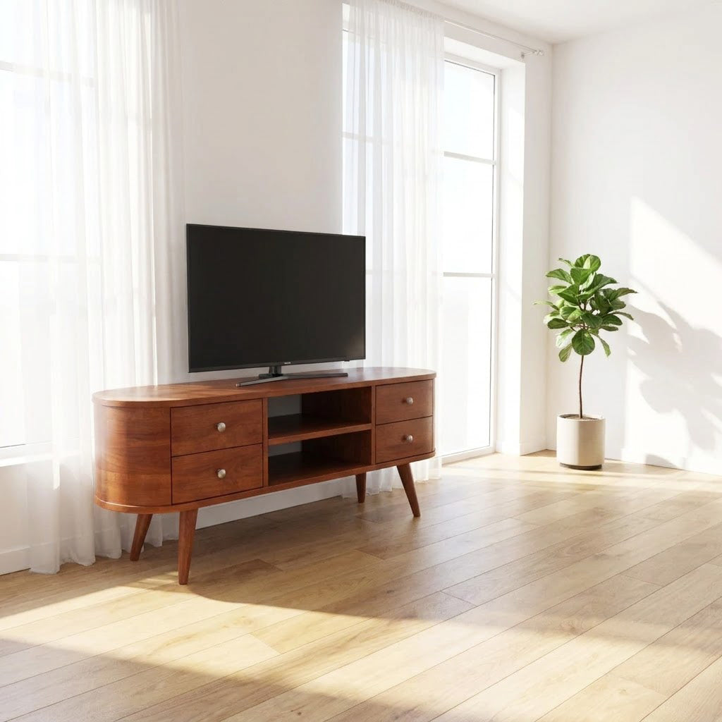 Mid-Century Handcrafted Curved Solid Wood TV Stand & Oval Media Entertainment Console