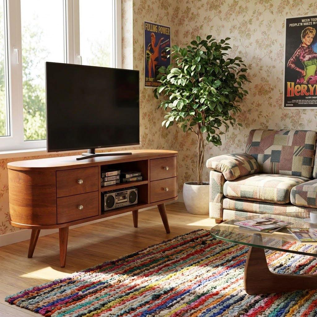 Mid-Century Handcrafted Curved Solid Wood TV Stand & Oval Media Entertainment Console