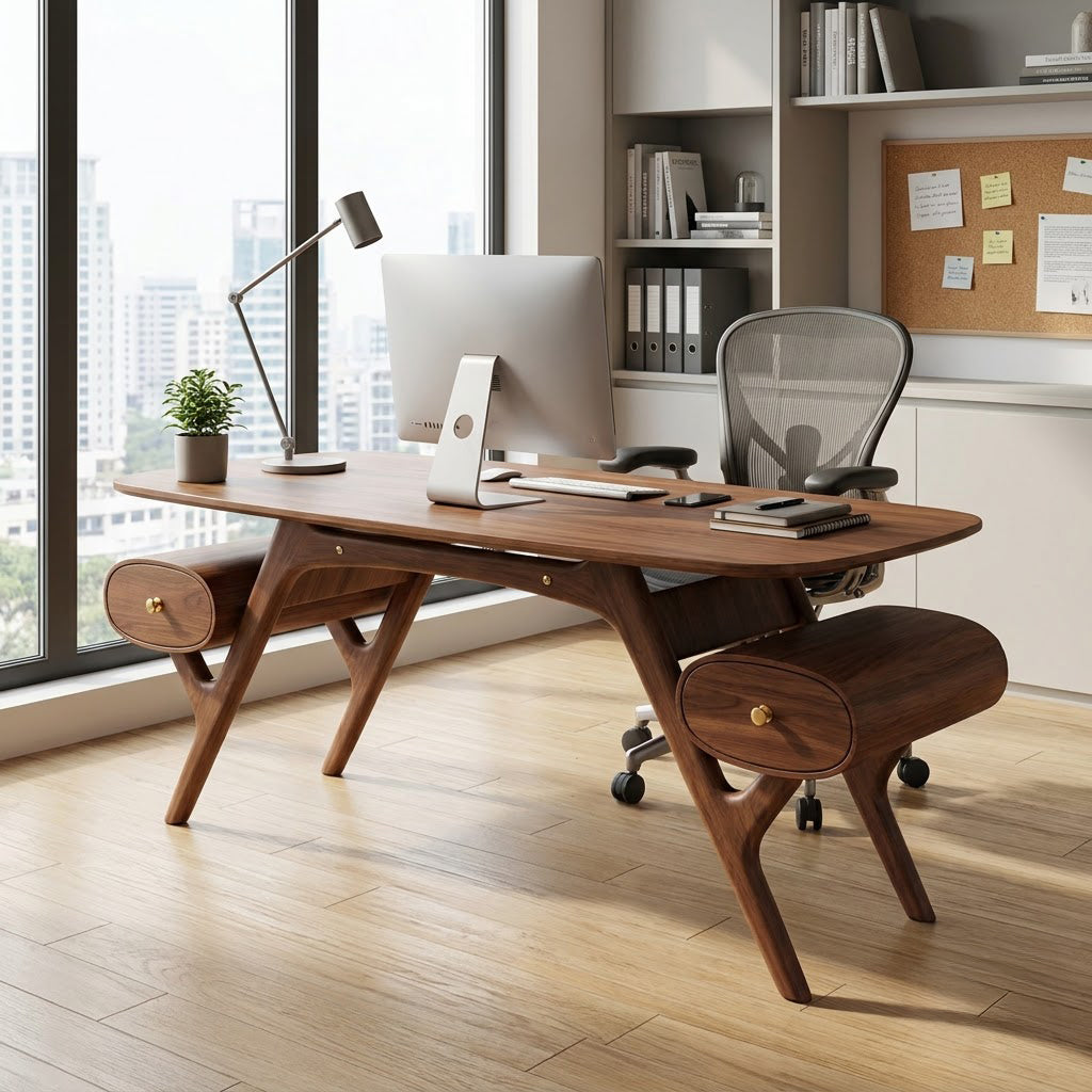 Mid-Century Handcrafted Solid Wood Executive Desk With Sculpted Trestle Base & Outboard Capsule Drawers