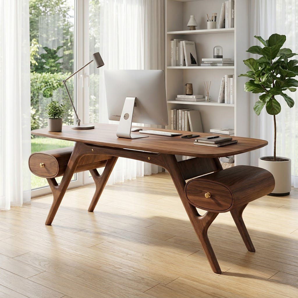 Mid-Century Handcrafted Solid Wood Executive Desk With Sculpted Trestle Base & Outboard Capsule Drawers