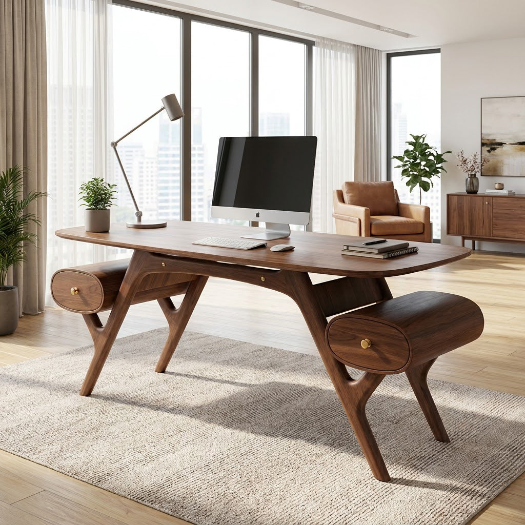 Mid-Century Handcrafted Solid Wood Executive Desk With Sculpted Trestle Base & Outboard Capsule Drawers