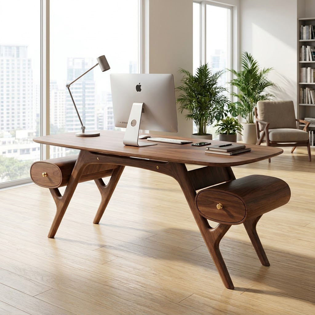 Mid-Century Handcrafted Solid Wood Executive Desk With Sculpted Trestle Base & Outboard Capsule Drawers
