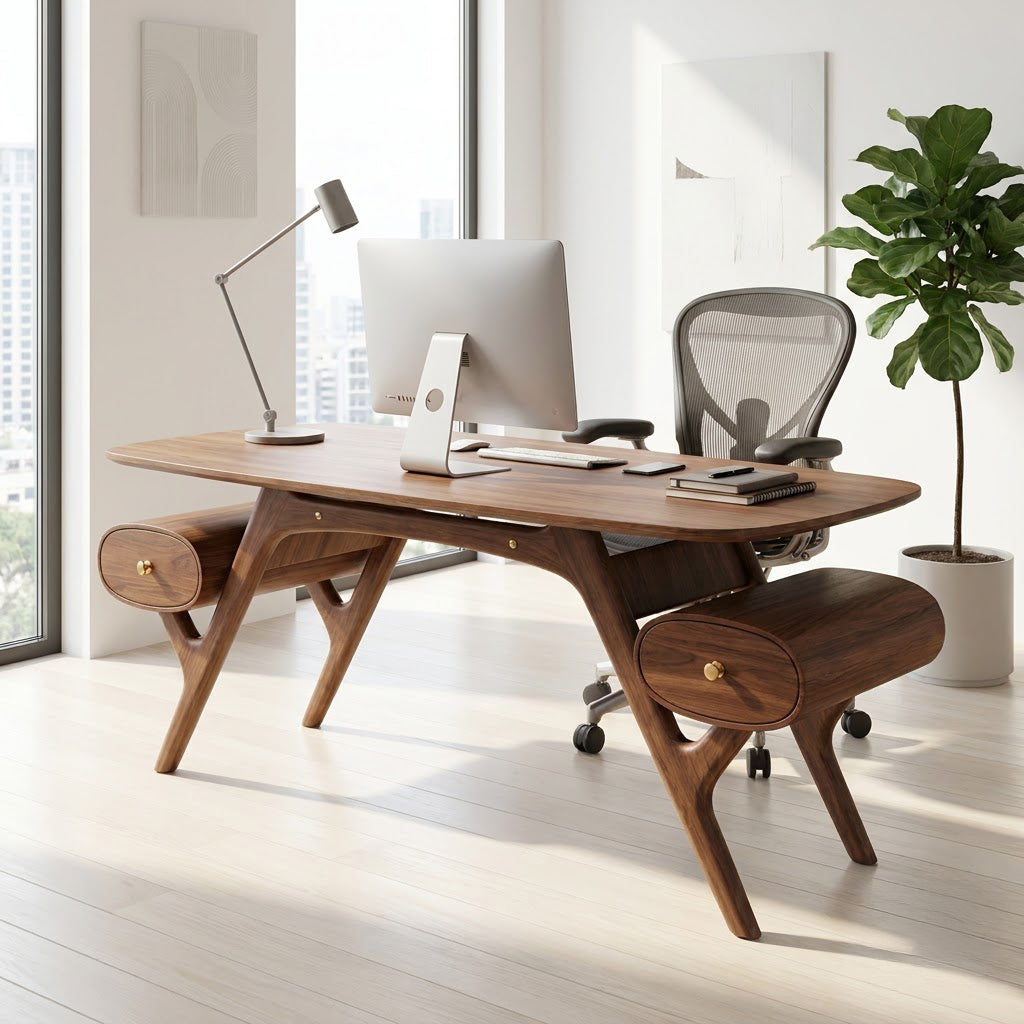 Mid-Century Handcrafted Solid Wood Executive Desk With Sculpted Trestle Base & Outboard Capsule Drawers