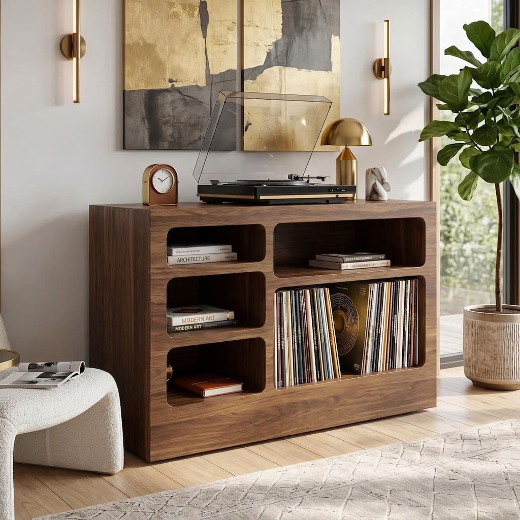 Mid-Century Handcrafted Solid Wood Vinyl Record Player Stand & Multi-Cubby Media Console