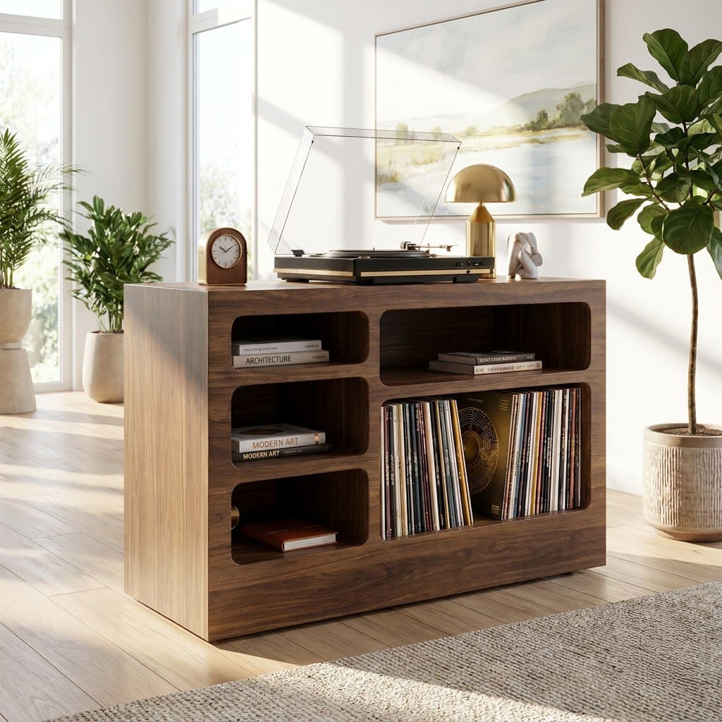Mid-Century Handcrafted Solid Wood Vinyl Record Player Stand & Multi-Cubby Media Console